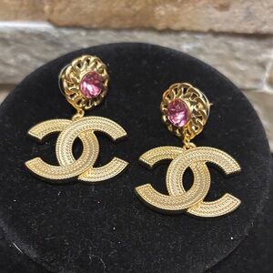 Gold CC Earrings with Pink Gem